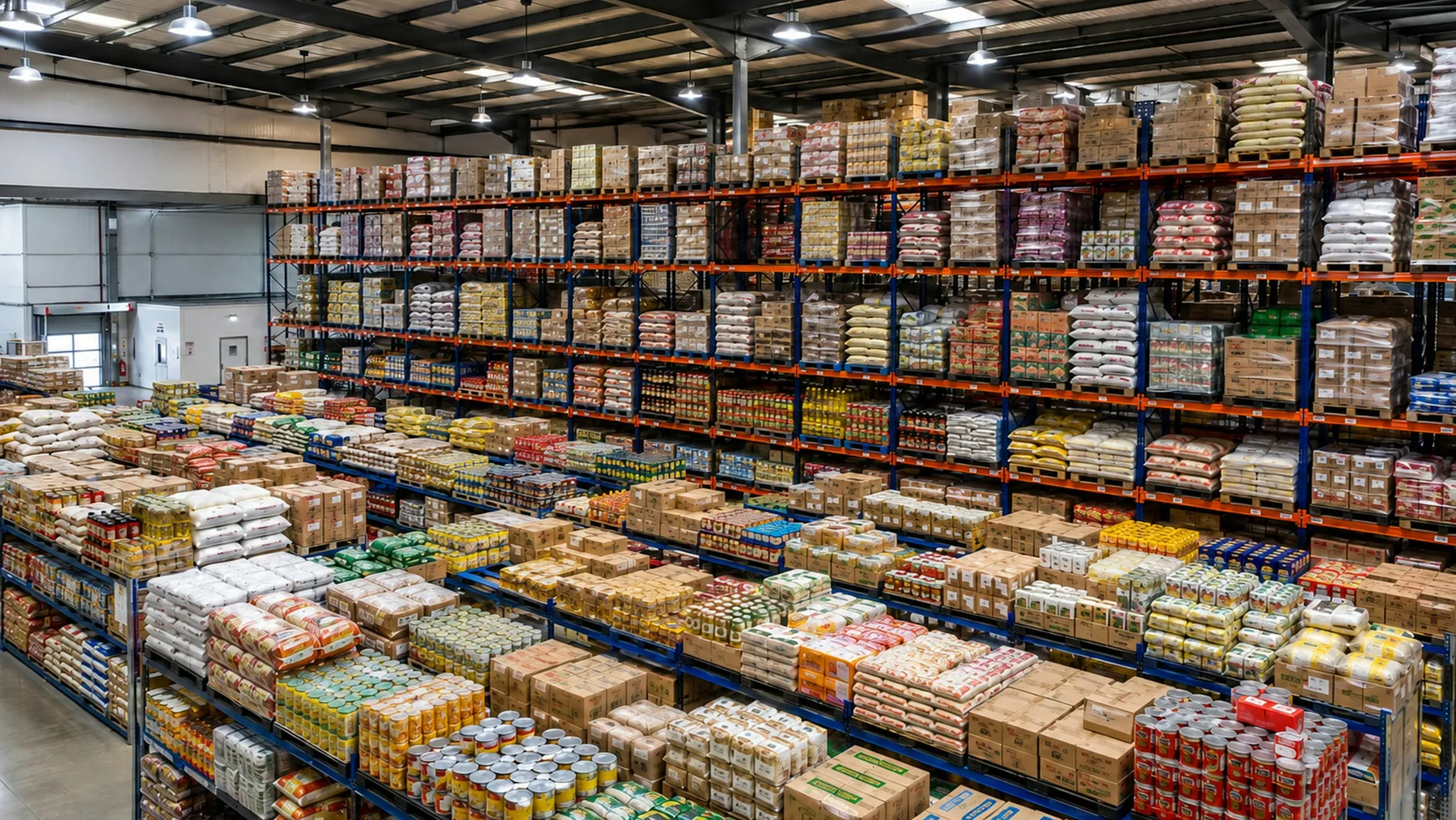 A large distribution warehouse with racks of packaged goods stacked to the ceiling